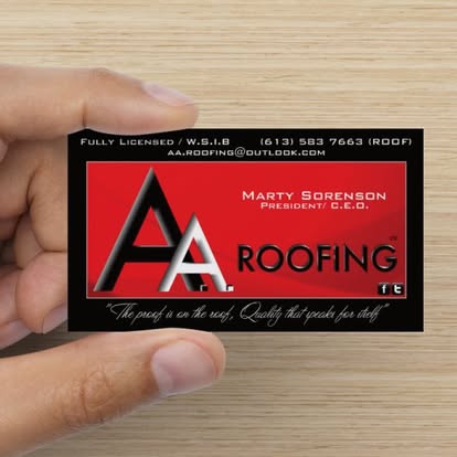 A.A. Roofing branded cap, flyer and business cards for Marty Sorenson